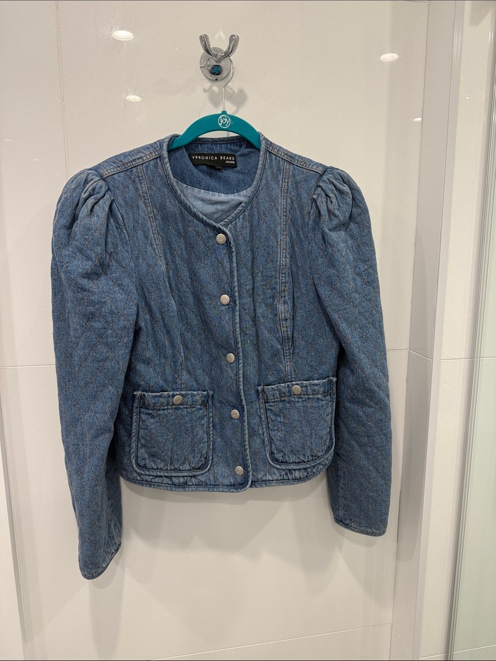 Veronica Beard Quilted Light Blue Denim Puff-Sleeve Jacket
